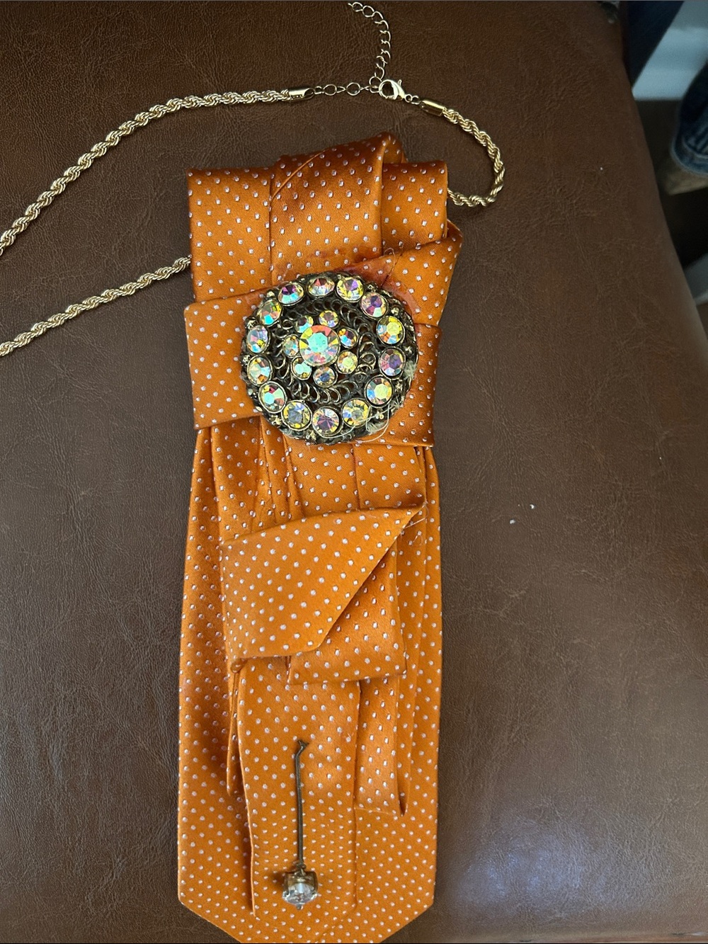 Orange Polka Dot Statement Necklace with Crystal Brooch